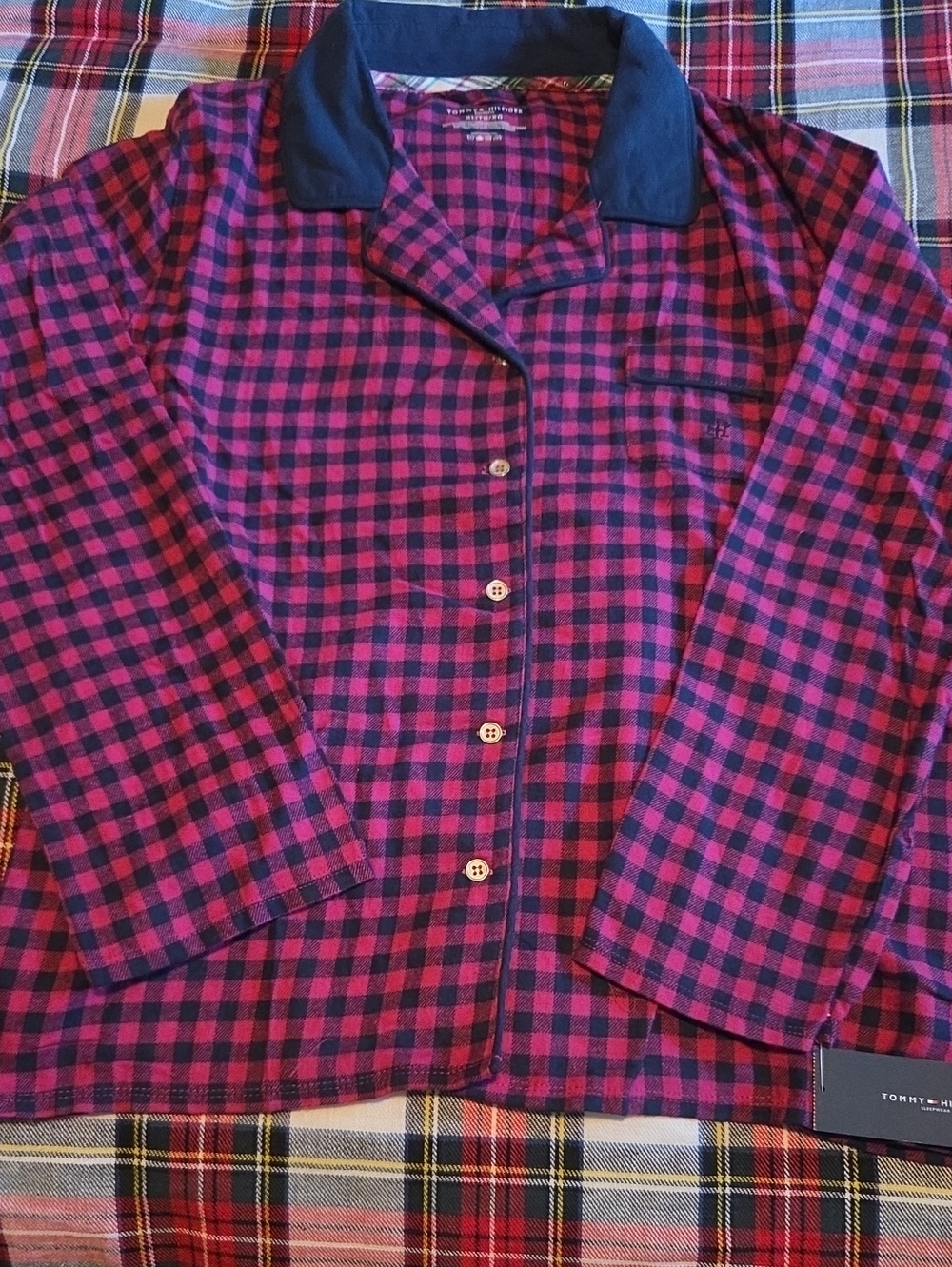 Tommy Hilfiger Pink & Navy Plaid Button-Up Top